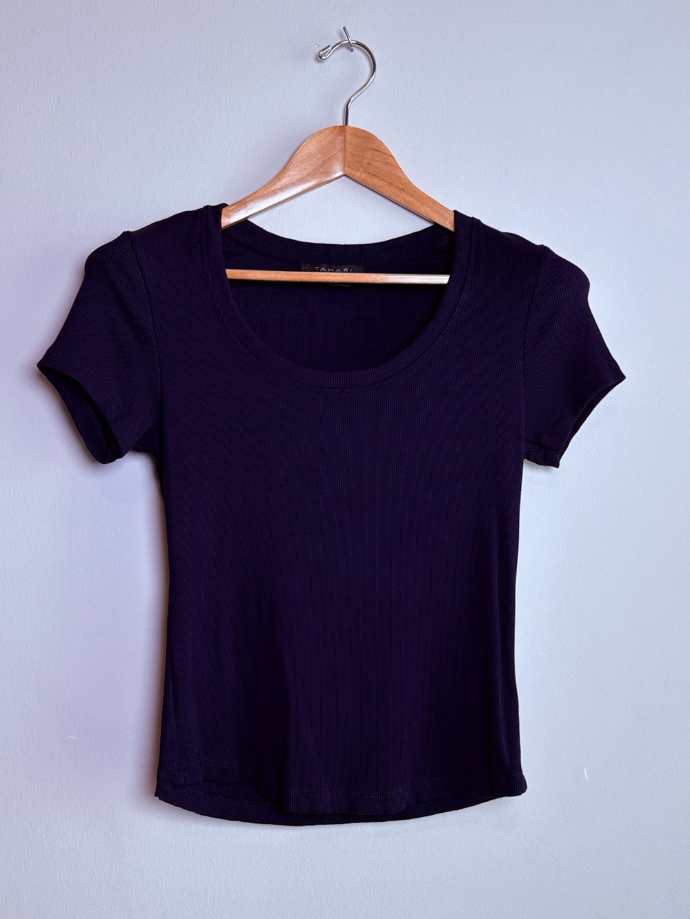 Tahari | Ribbed Scoop Neck Short Sleeve Top | Navy Blue | Medium